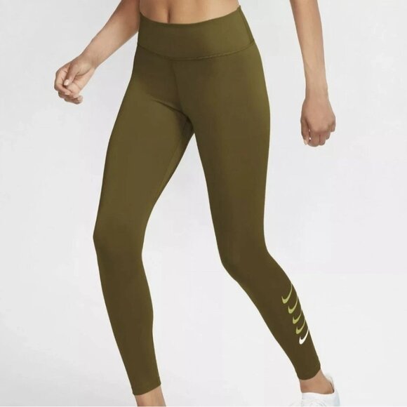 Nike Dri-Fit Olive Volt 7/8 Running Leggings Swoosh Womens M DJ0934-368 - Picture 1 of 16